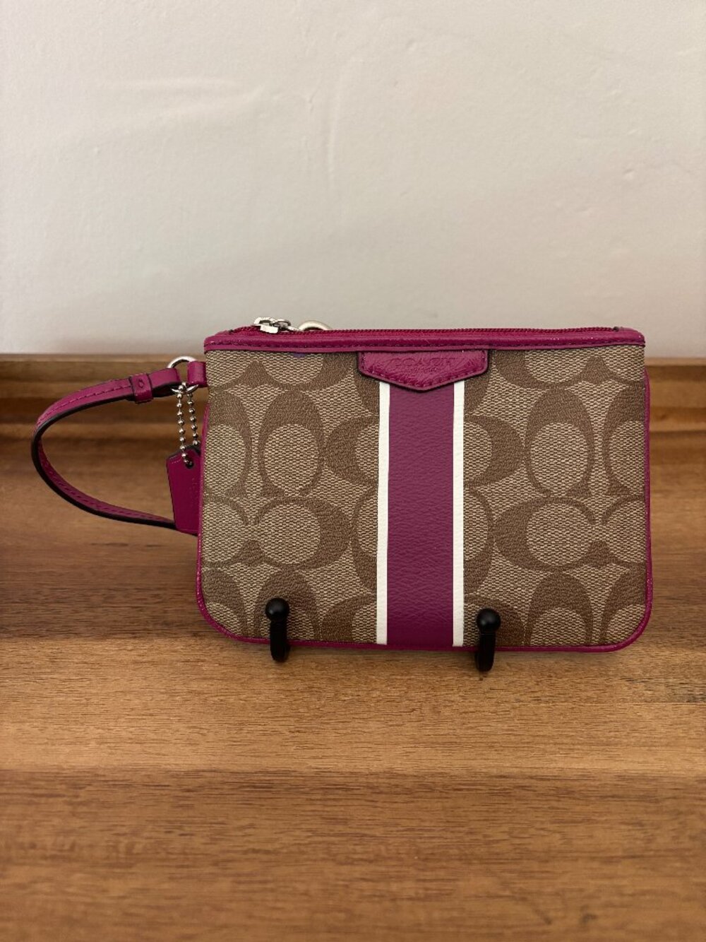 Coach Signature PVC Khaki Magenta Pink White Met Stripe Wristlet